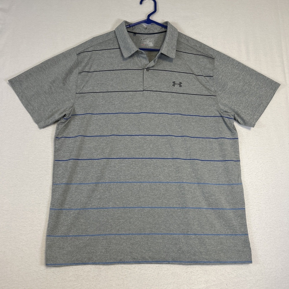 Under Armour Polo Shirt Mens 2XL Gray Golf Heatgear Loose Striped Active 1290145